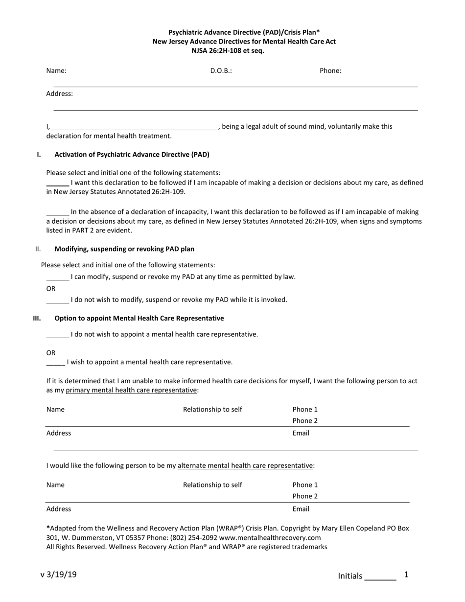 New Jersey Psychiatric Advance Directive (Pad)/Crisis Plan Fill Out