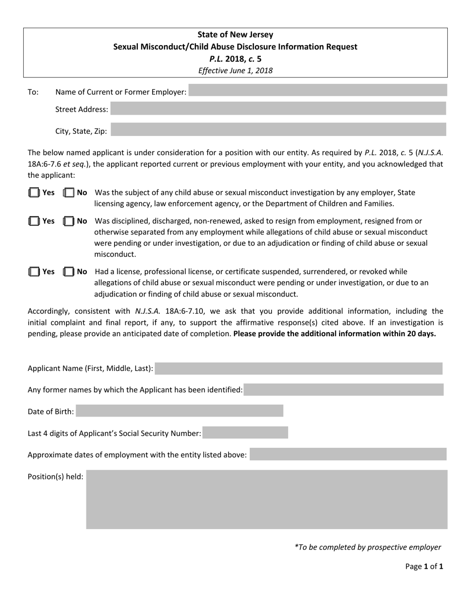 Sexual Misconduct / Child Abuse Disclosure Information Request - New Jersey, Page 1