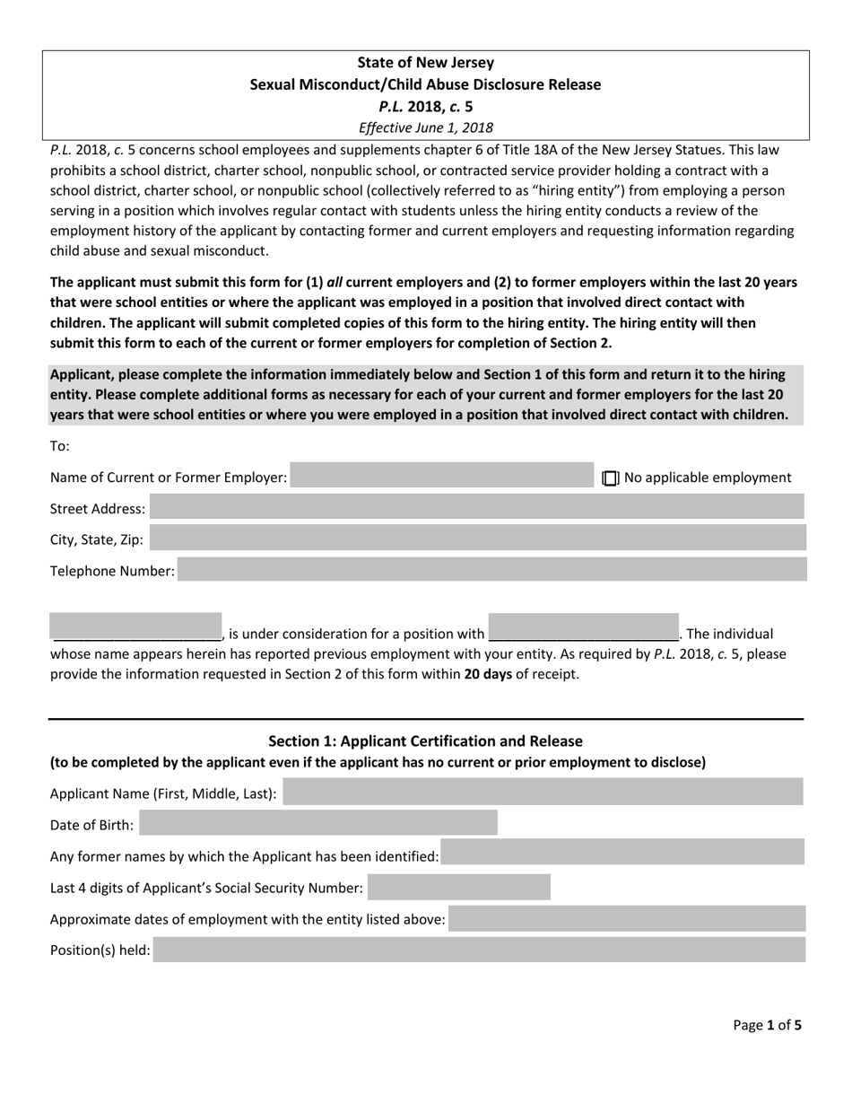 Sexual Misconduct / Child Abuse Disclosure Release - New Jersey, Page 1