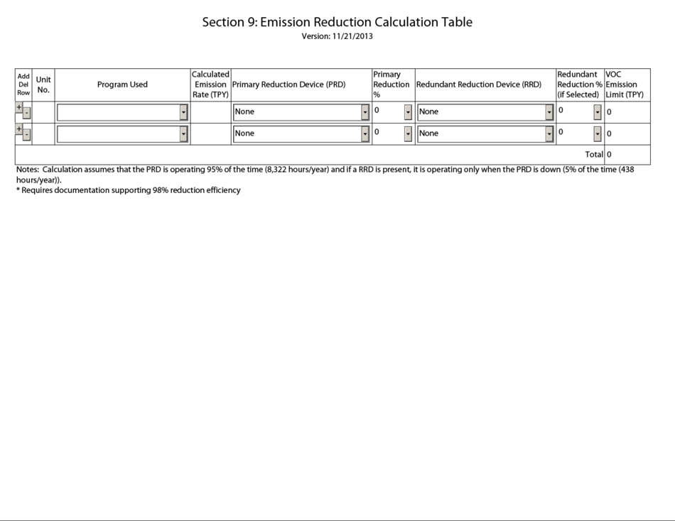 Storage Vessels Section 9: Emission Reduction Calculation Table - New Mexico, Page 1