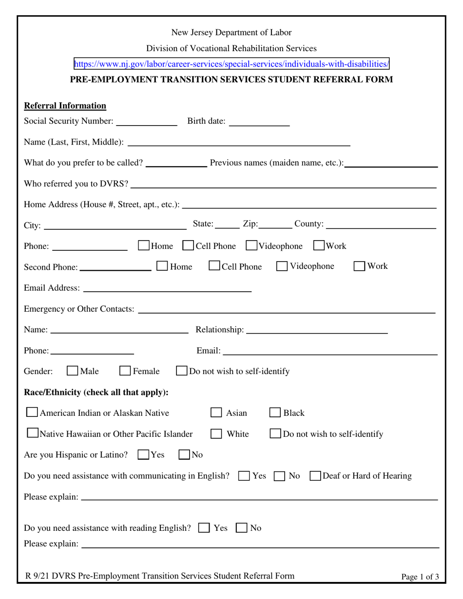 Pre-employment Transition Services Student Referral Form - New Jersey, Page 1