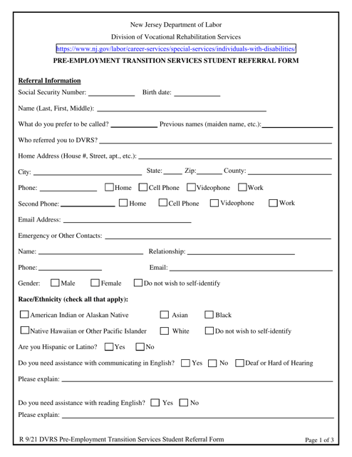 Pre-employment Transition Services Student Referral Form - New Jersey Download Pdf