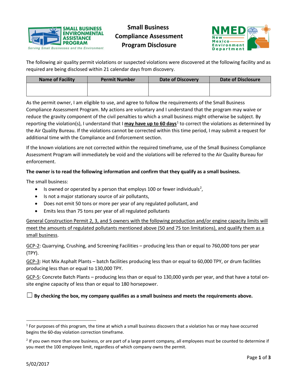 Small Business Compliance Assessment Program Disclosure - New Mexico, Page 1