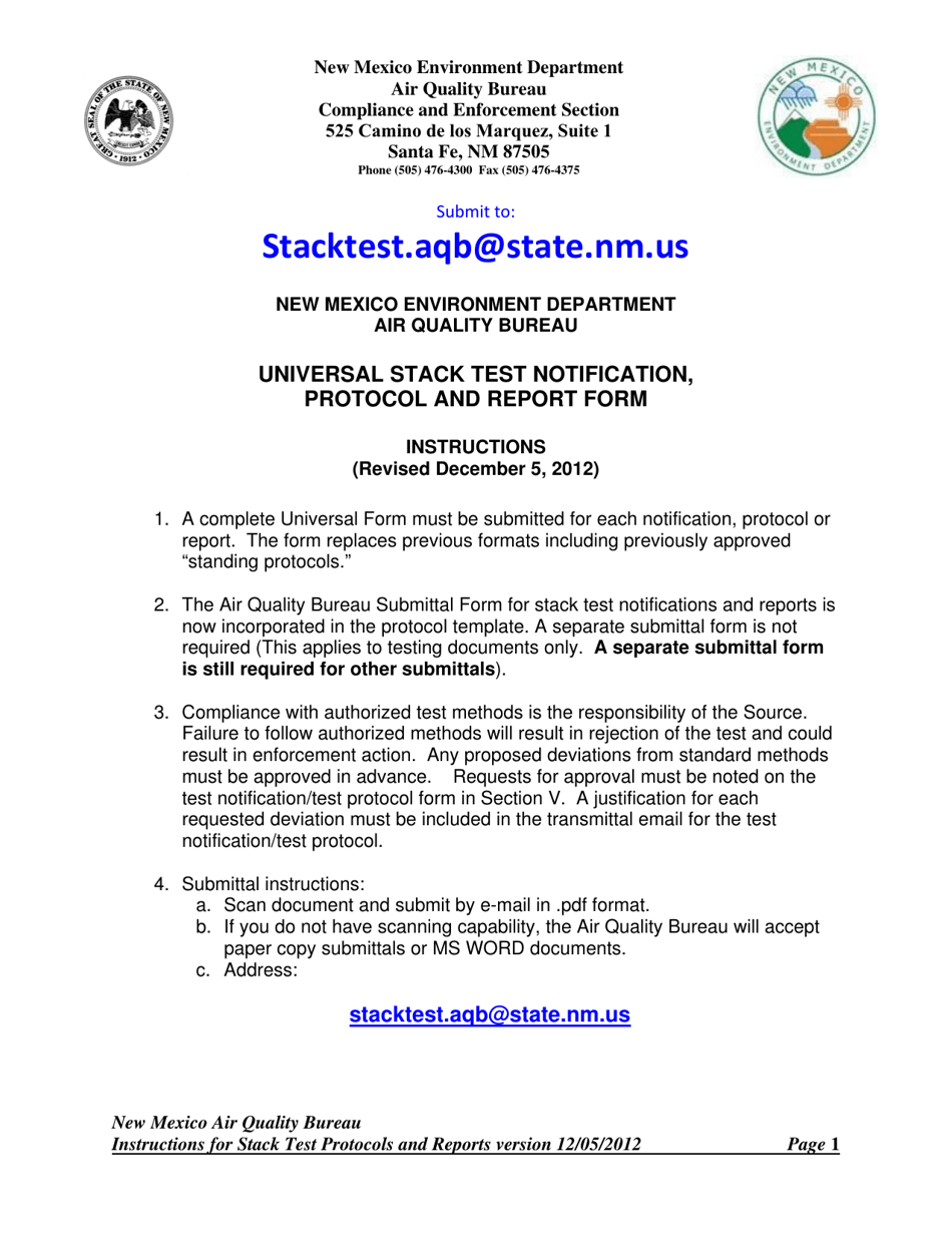 Instructions for Universal Stack Test Notification, Protocol and Report Form - New Mexico, Page 1
