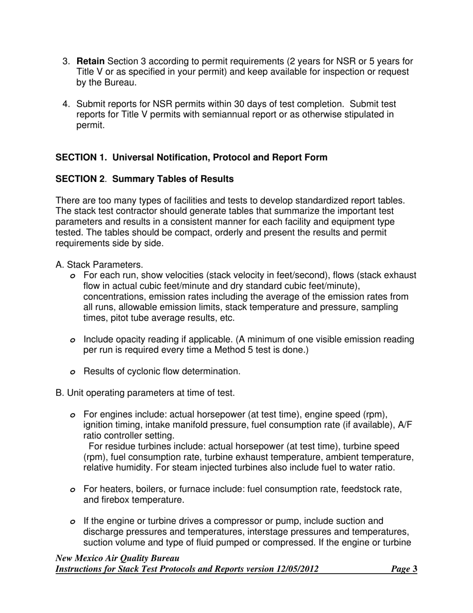 Instructions for Universal Stack Test Notification, Protocol and Report Form - New Mexico, Page 3