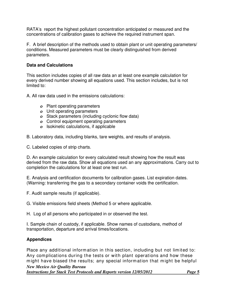 Instructions for Universal Stack Test Notification, Protocol and Report Form - New Mexico, Page 5