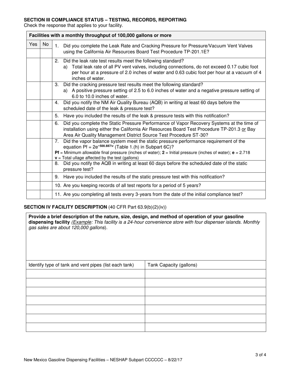 Initial Notification and Notification of Compliance Status Report - Gasoline Dispensing Facilities - New Mexico, Page 3