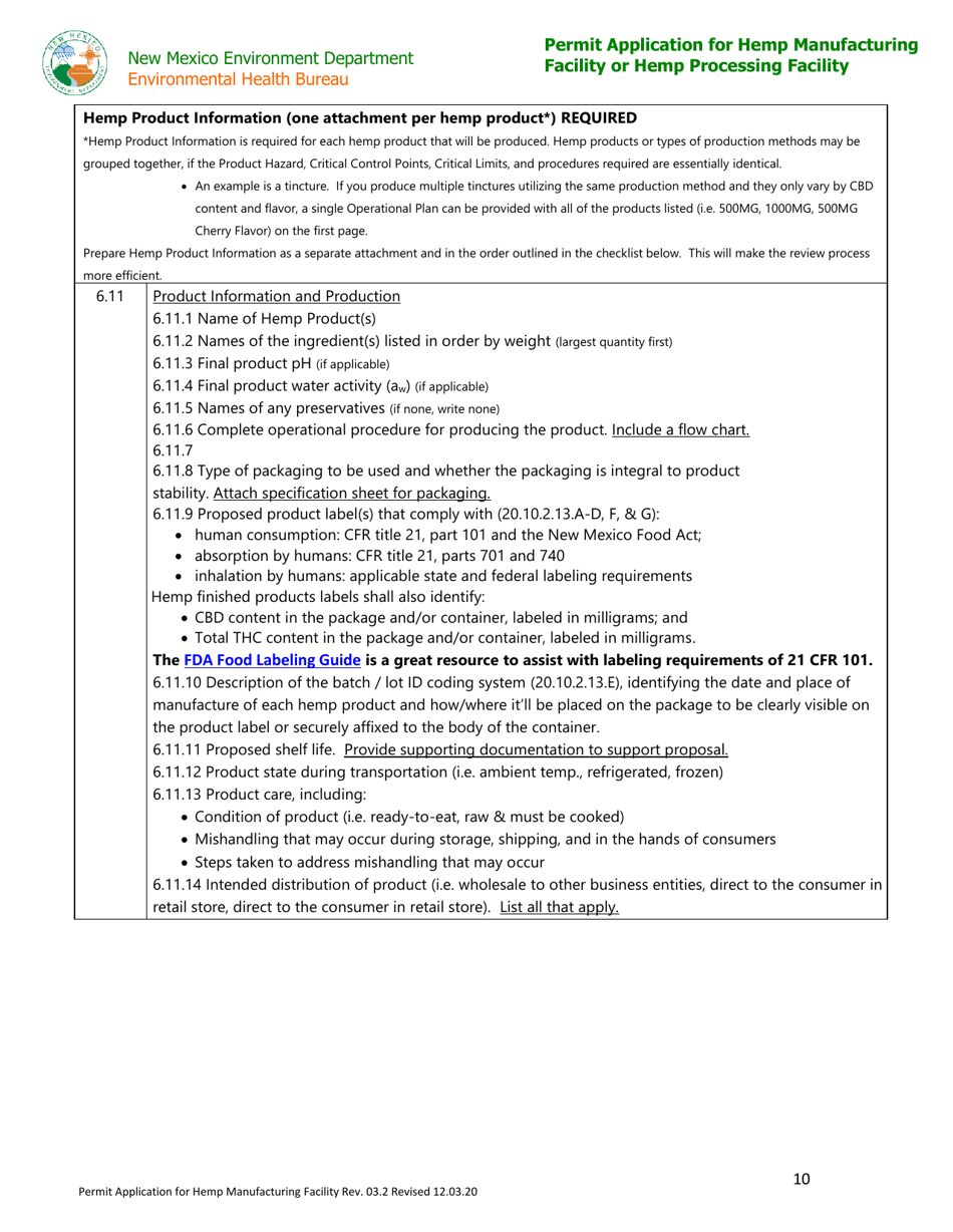 Permit Application for Hemp Manufacturing Facility or Hemp Processing Facility - New Mexico, Page 10
