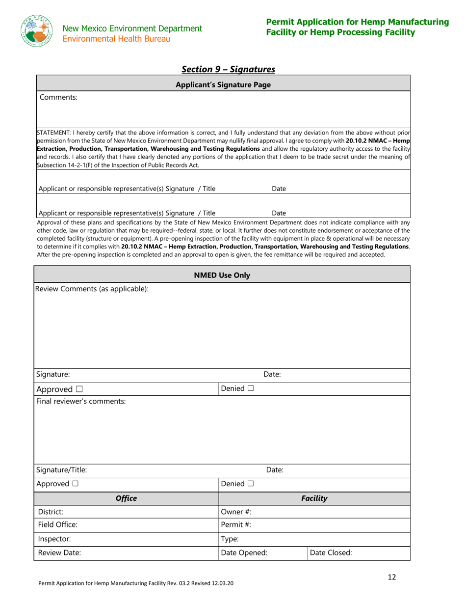 Permit Application for Hemp Manufacturing Facility or Hemp Processing Facility - New Mexico, Page 12