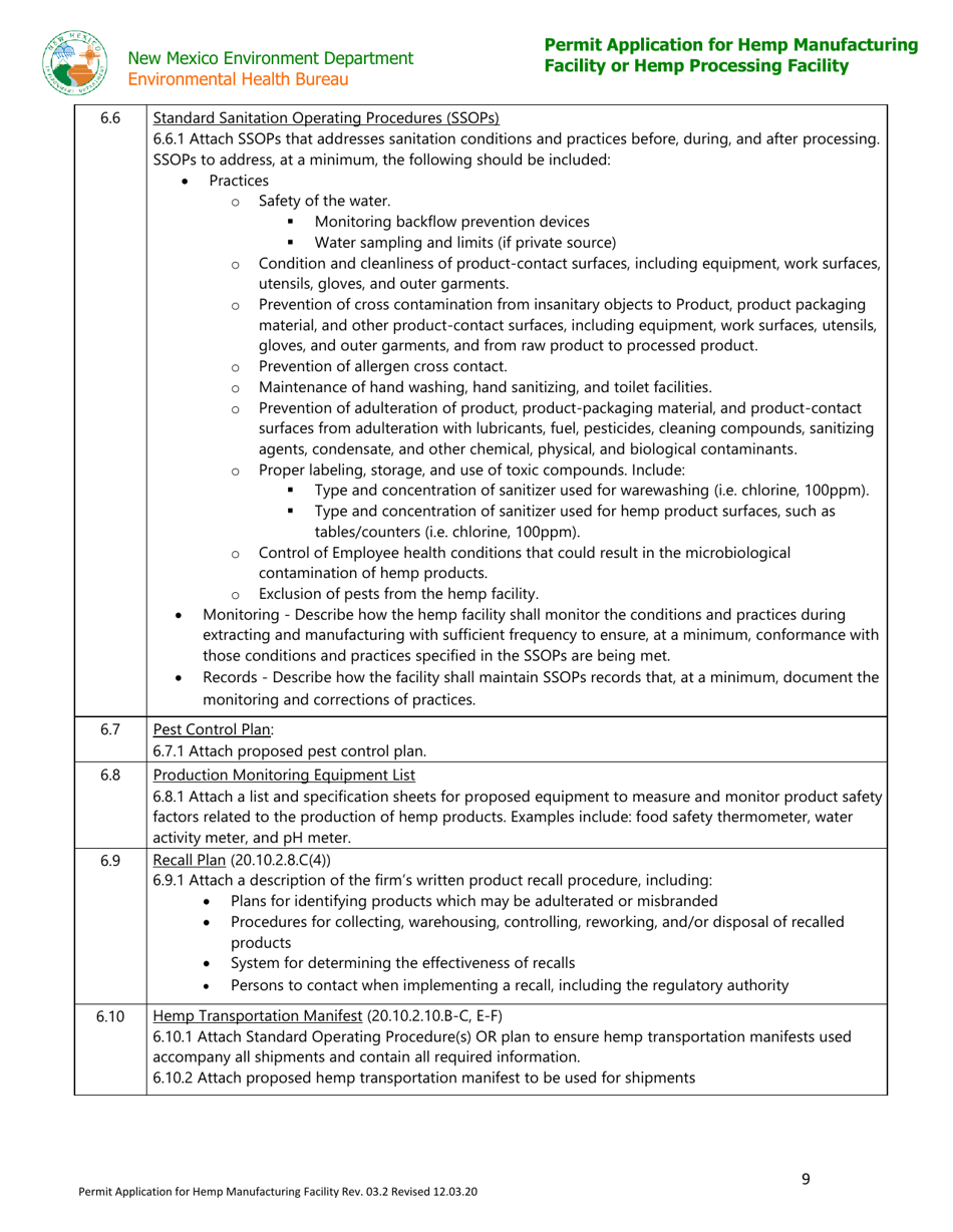 Permit Application for Hemp Manufacturing Facility or Hemp Processing Facility - New Mexico, Page 9