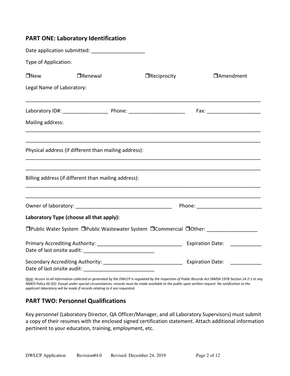 Appendix A Drinking Water Laboratory Certification Program Application - New Mexico, Page 2