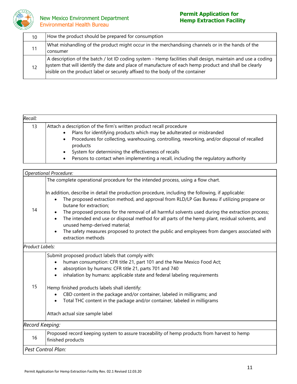 Permit Application for Hemp Extraction Facility - New Mexico, Page 11