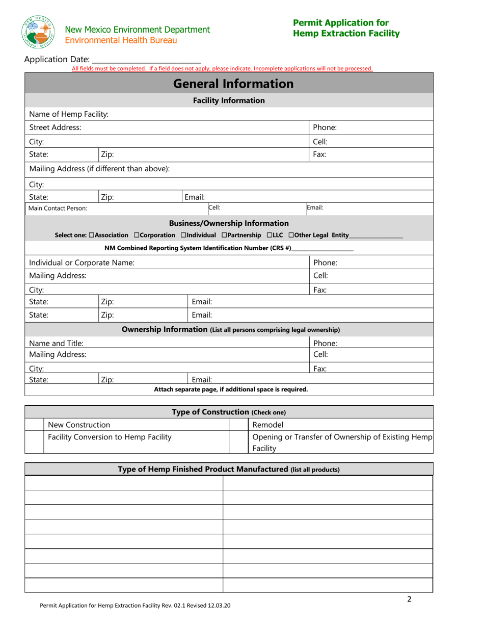 Permit Application for Hemp Extraction Facility - New Mexico, Page 2