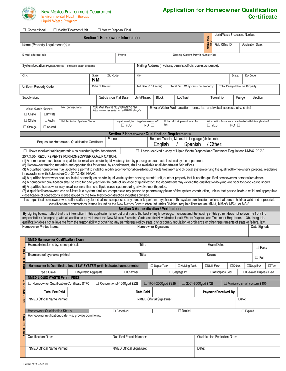 Form LW904A Application for Homeowner Qualification Certificate - New Mexico, Page 1