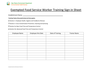 Document preview: Exempted Food Service Worker Training Sign in Sheet - New Mexico