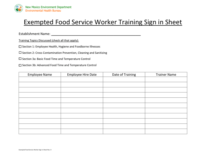 Exempted Food Service Worker Training Sign in Sheet - New Mexico