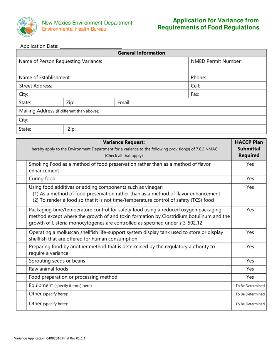 New Mexico Application for Variance From Requirements of Food ...