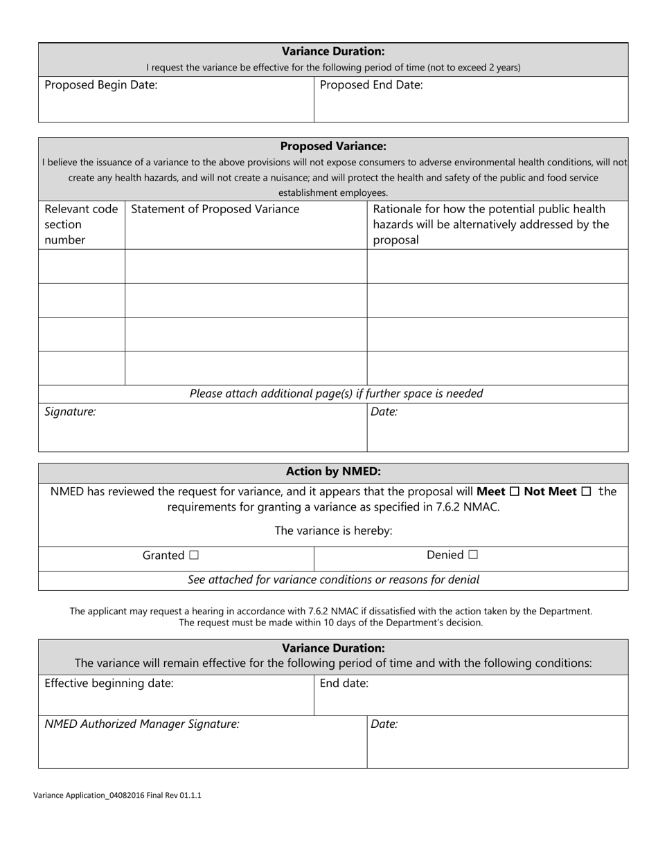 New Mexico Application for Variance From Requirements of Food ...