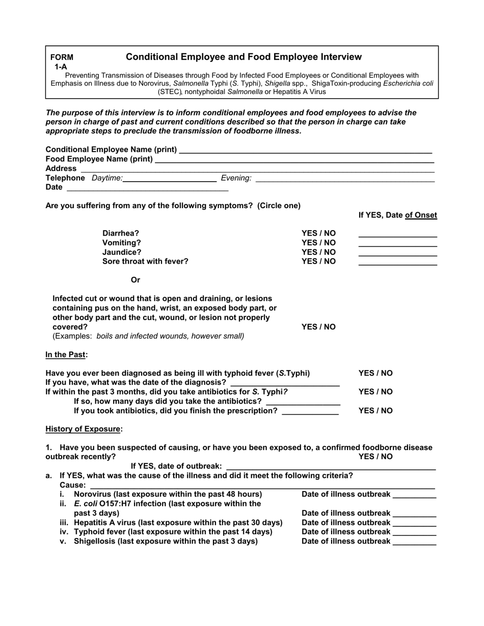 Form 1-A Conditional Employee and Food Employee Interview - New Mexico, Page 1
