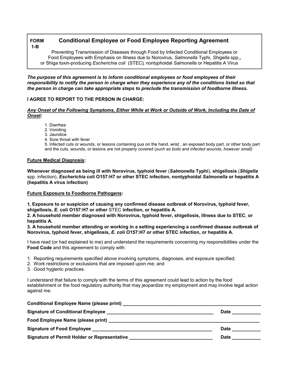 Form 1-B Conditional Employee or Food Employee Reporting Agreement - New Mexico, Page 1