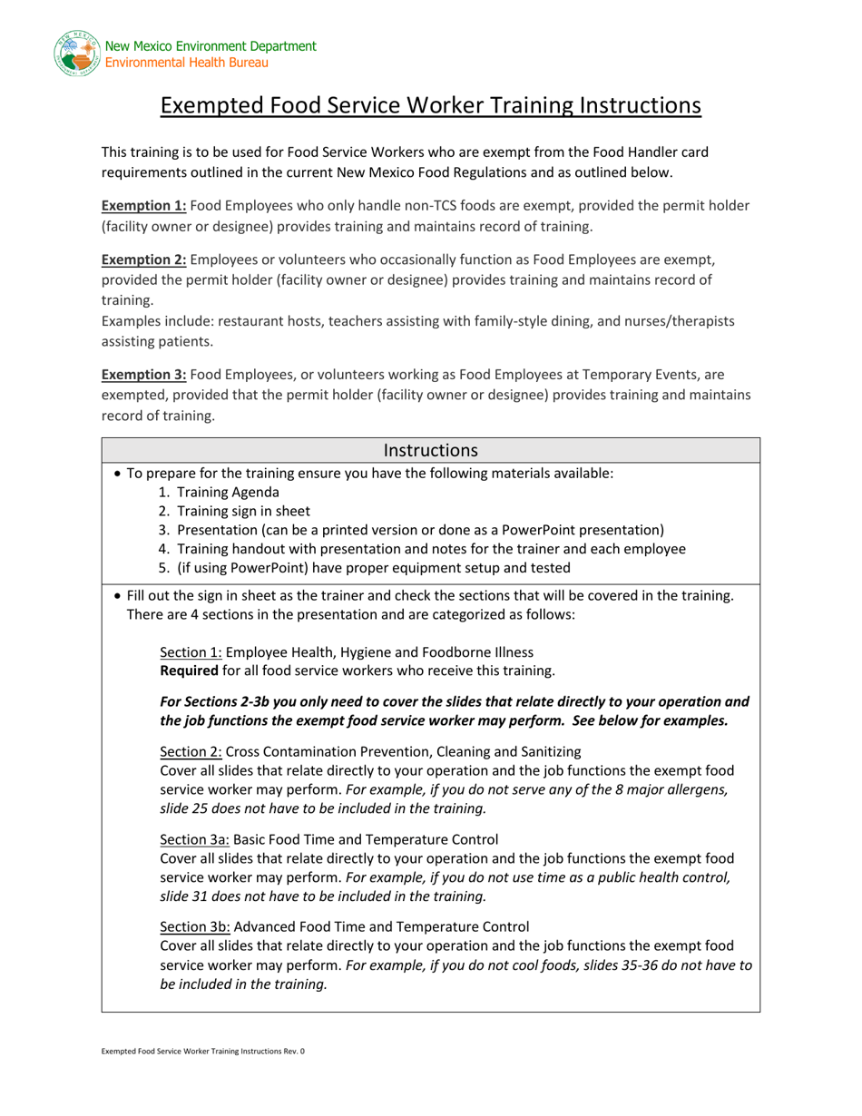 Exempted Food Service Worker Training Instructions - New Mexico, Page 1