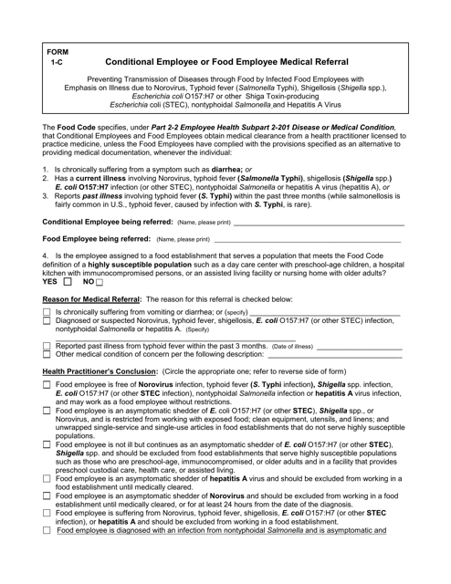 Form 1-C Conditional Employee or Food Employee Medical Referral - New Mexico