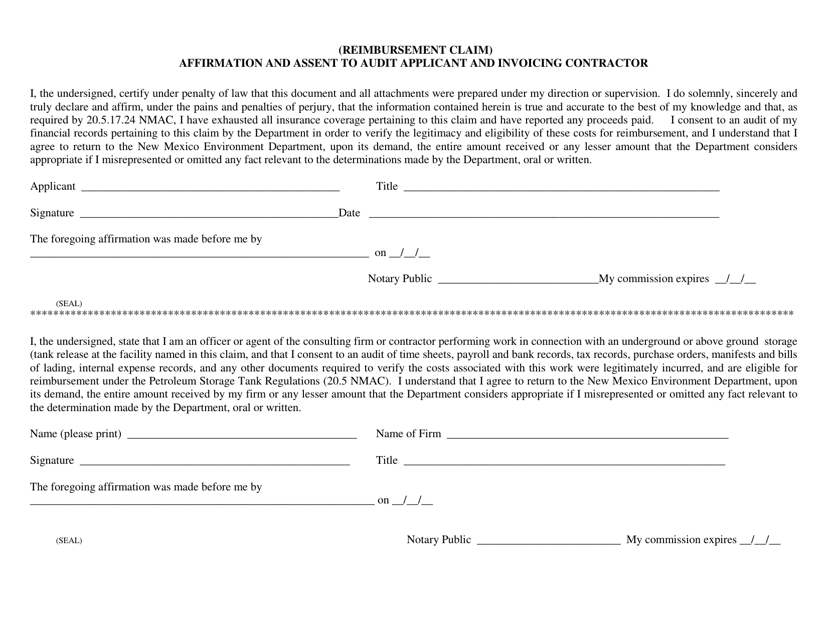Affirmation and Assent to Audit Applicant and Invoicing Contractor - New Mexico Corrective Action Fund - New Mexico Download Pdf