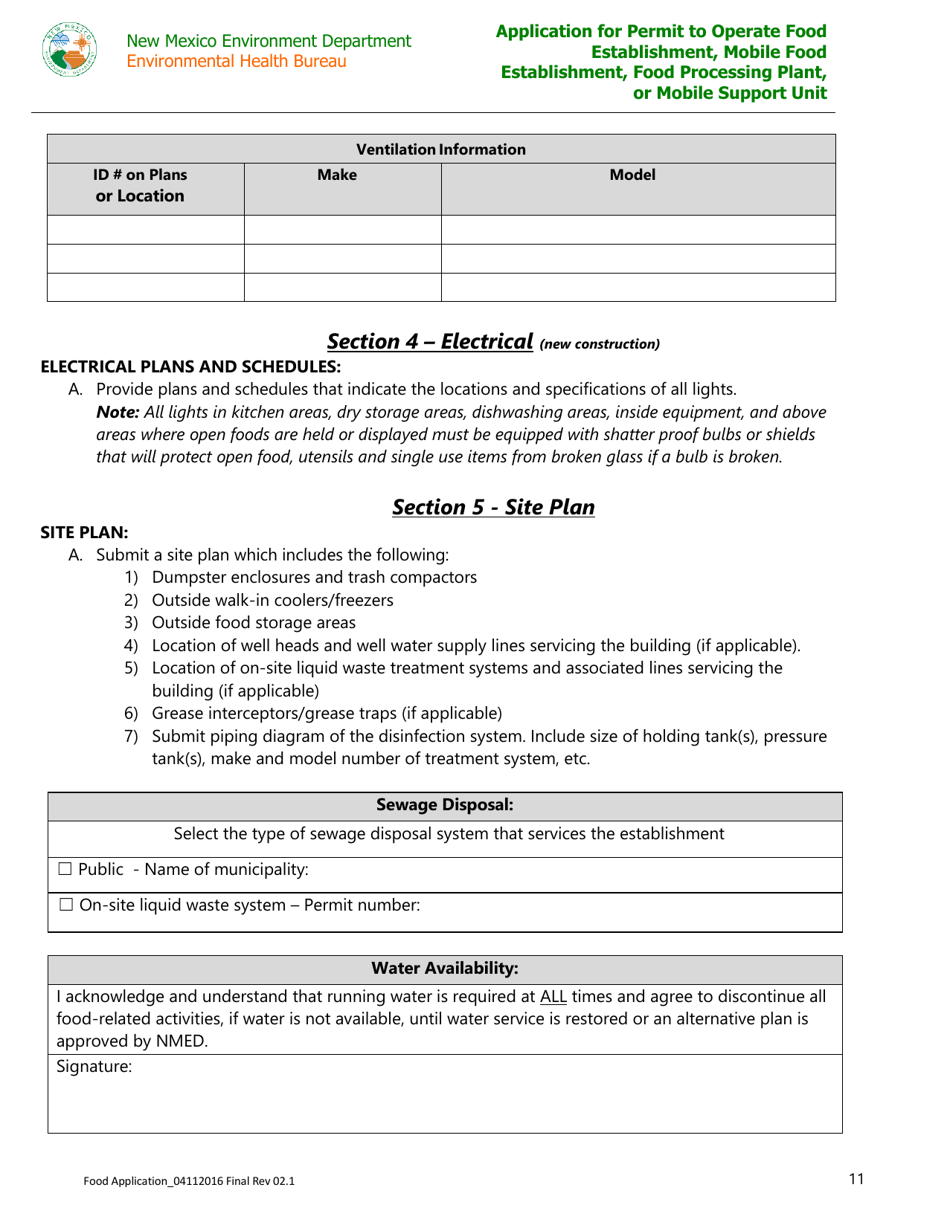 Application for Permit to Operate Food Establishment, Mobile Food Establishment, Food Processing Plant, or Mobile Support Unit - New Mexico, Page 11