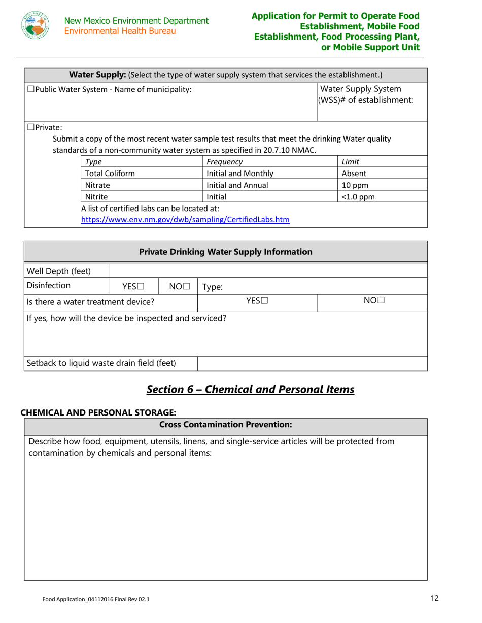 Application for Permit to Operate Food Establishment, Mobile Food Establishment, Food Processing Plant, or Mobile Support Unit - New Mexico, Page 12