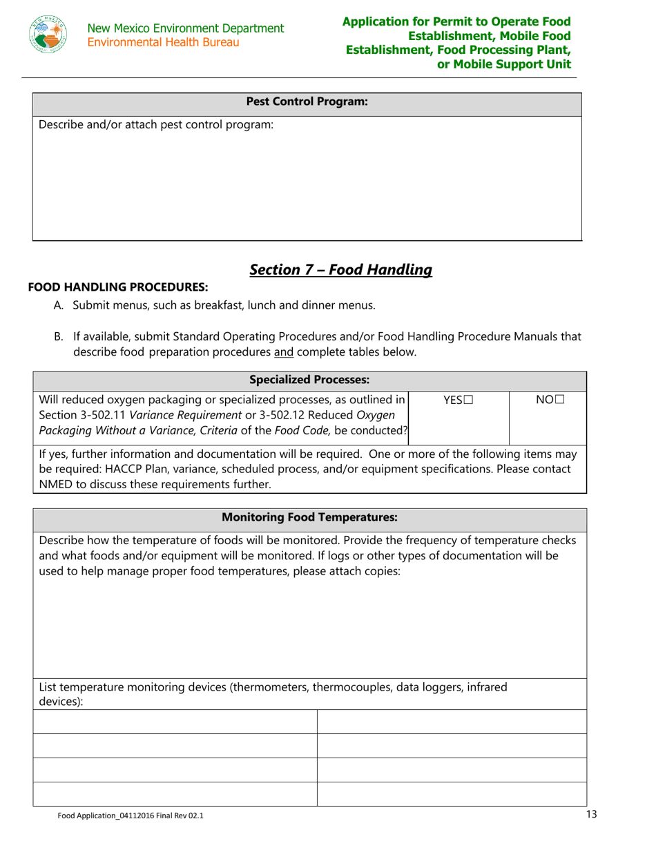 Application for Permit to Operate Food Establishment, Mobile Food Establishment, Food Processing Plant, or Mobile Support Unit - New Mexico, Page 13