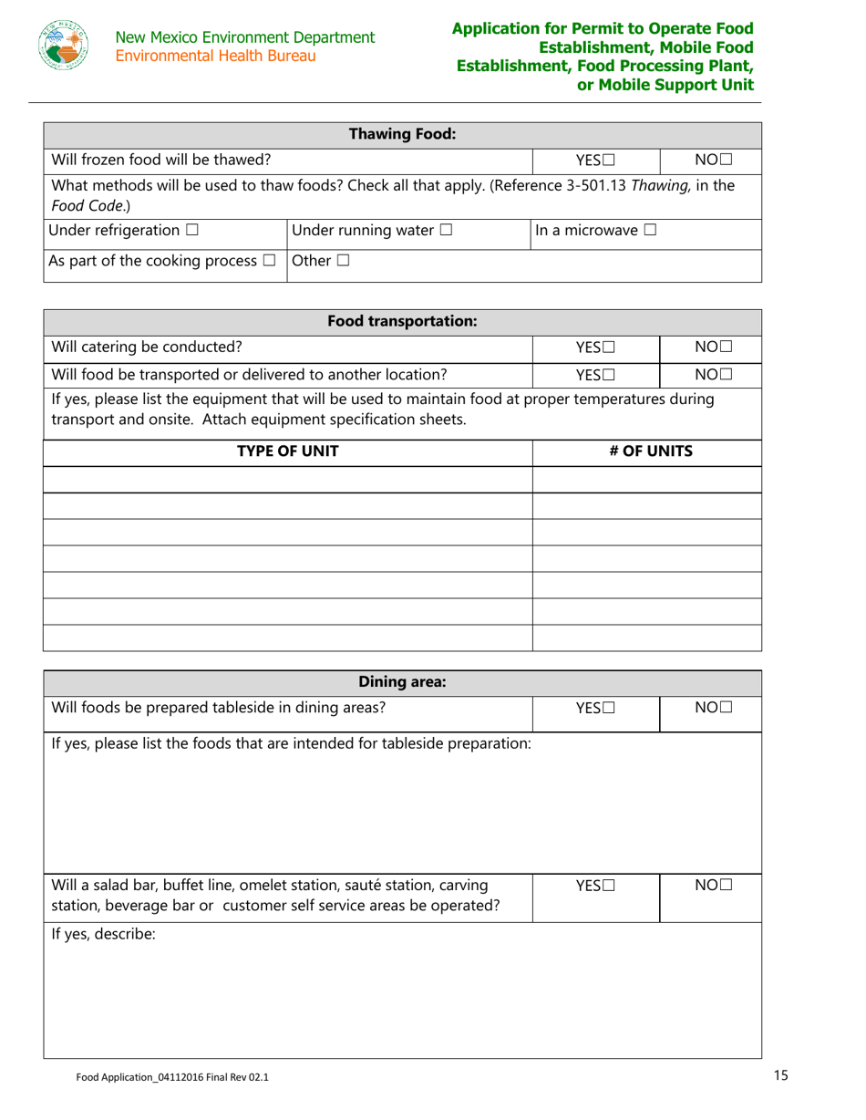 Application for Permit to Operate Food Establishment, Mobile Food Establishment, Food Processing Plant, or Mobile Support Unit - New Mexico, Page 15