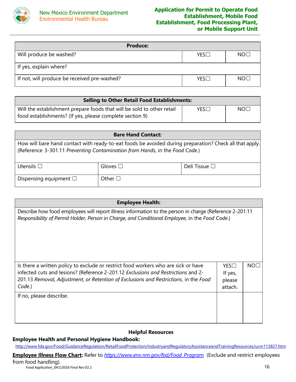 Application for Permit to Operate Food Establishment, Mobile Food Establishment, Food Processing Plant, or Mobile Support Unit - New Mexico, Page 16
