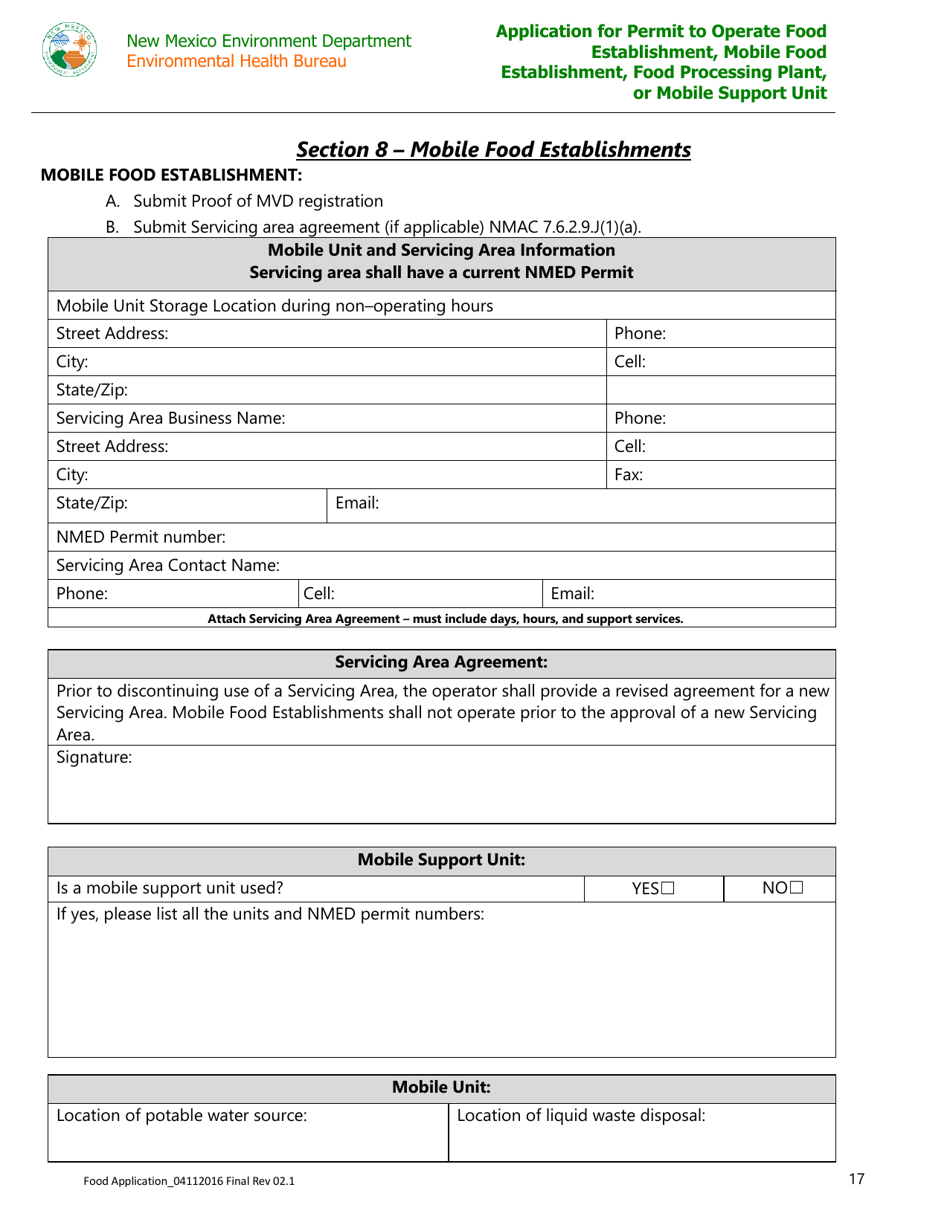 Application for Permit to Operate Food Establishment, Mobile Food Establishment, Food Processing Plant, or Mobile Support Unit - New Mexico, Page 17