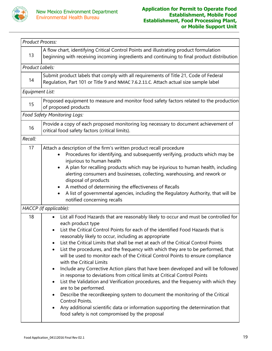 Application for Permit to Operate Food Establishment, Mobile Food Establishment, Food Processing Plant, or Mobile Support Unit - New Mexico, Page 19