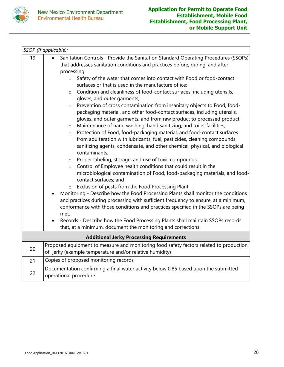 Application for Permit to Operate Food Establishment, Mobile Food Establishment, Food Processing Plant, or Mobile Support Unit - New Mexico, Page 20
