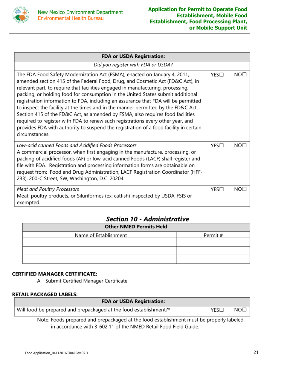 Application for Permit to Operate Food Establishment, Mobile Food Establishment, Food Processing Plant, or Mobile Support Unit - New Mexico, Page 21