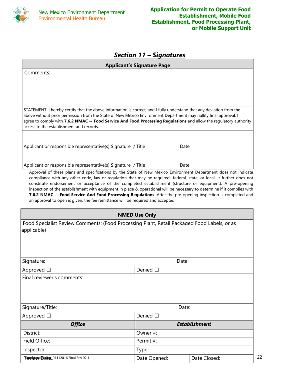 Application for Permit to Operate Food Establishment, Mobile Food Establishment, Food Processing Plant, or Mobile Support Unit - New Mexico, Page 22