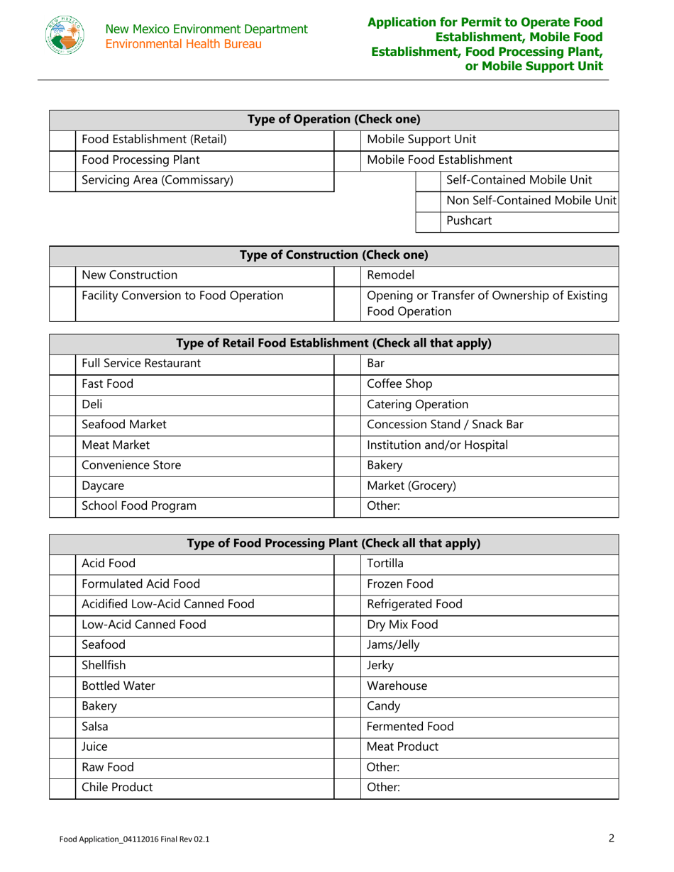 Application for Permit to Operate Food Establishment, Mobile Food Establishment, Food Processing Plant, or Mobile Support Unit - New Mexico, Page 2