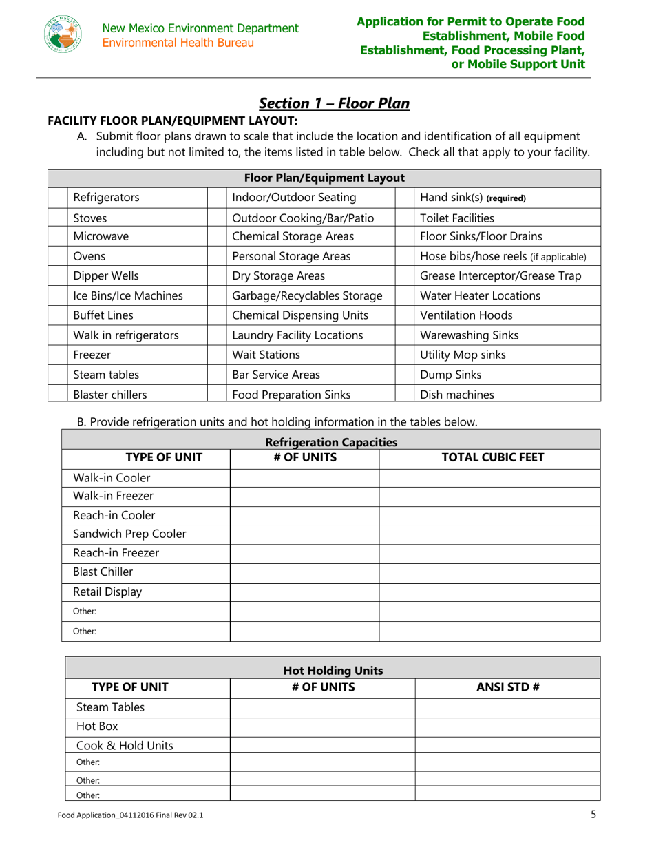 Application for Permit to Operate Food Establishment, Mobile Food Establishment, Food Processing Plant, or Mobile Support Unit - New Mexico, Page 5