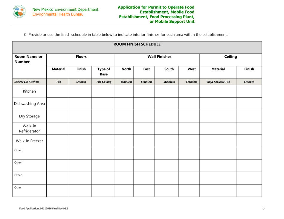 Application for Permit to Operate Food Establishment, Mobile Food Establishment, Food Processing Plant, or Mobile Support Unit - New Mexico, Page 6