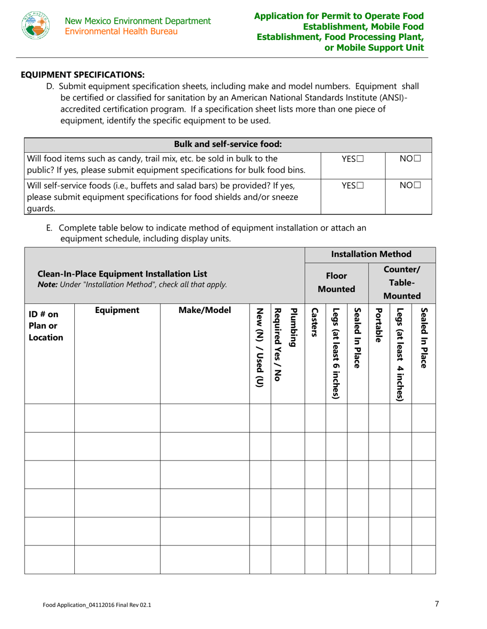 Application for Permit to Operate Food Establishment, Mobile Food Establishment, Food Processing Plant, or Mobile Support Unit - New Mexico, Page 7
