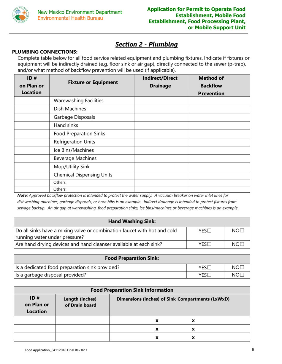 Application for Permit to Operate Food Establishment, Mobile Food Establishment, Food Processing Plant, or Mobile Support Unit - New Mexico, Page 8