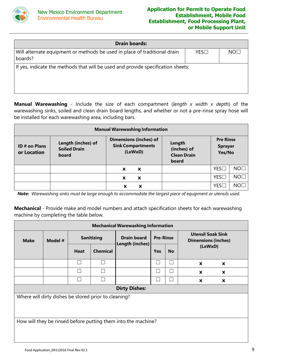 Application for Permit to Operate Food Establishment, Mobile Food Establishment, Food Processing Plant, or Mobile Support Unit - New Mexico, Page 9