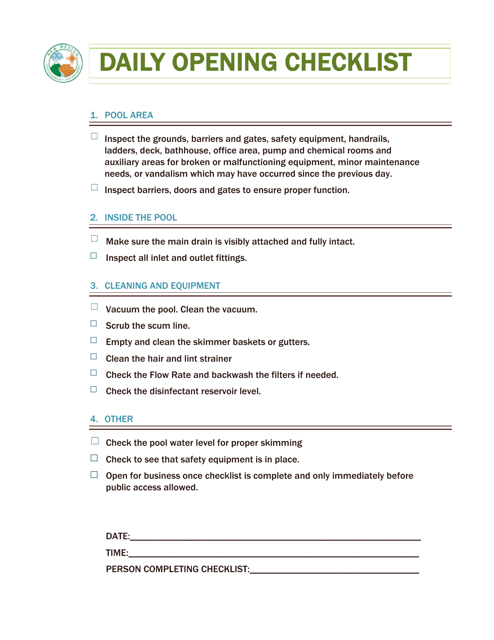 Daily Opening Checklist - New Mexico Download Pdf