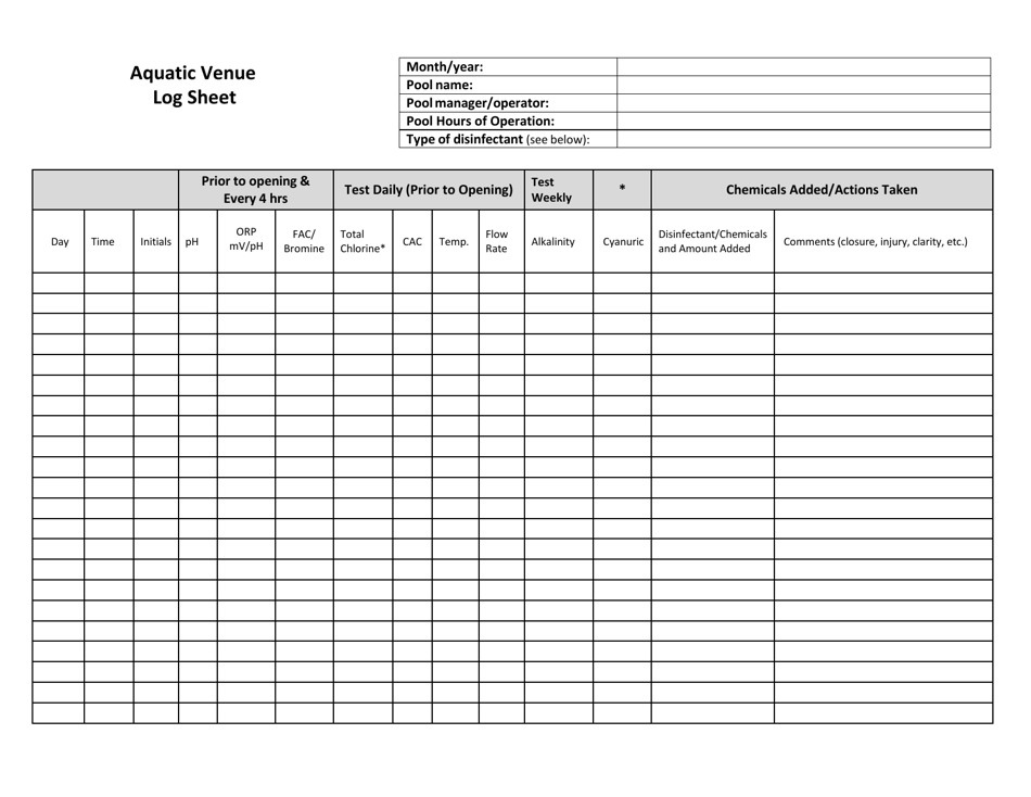 Aquatic Venue Log Sheet - New Mexico, Page 2