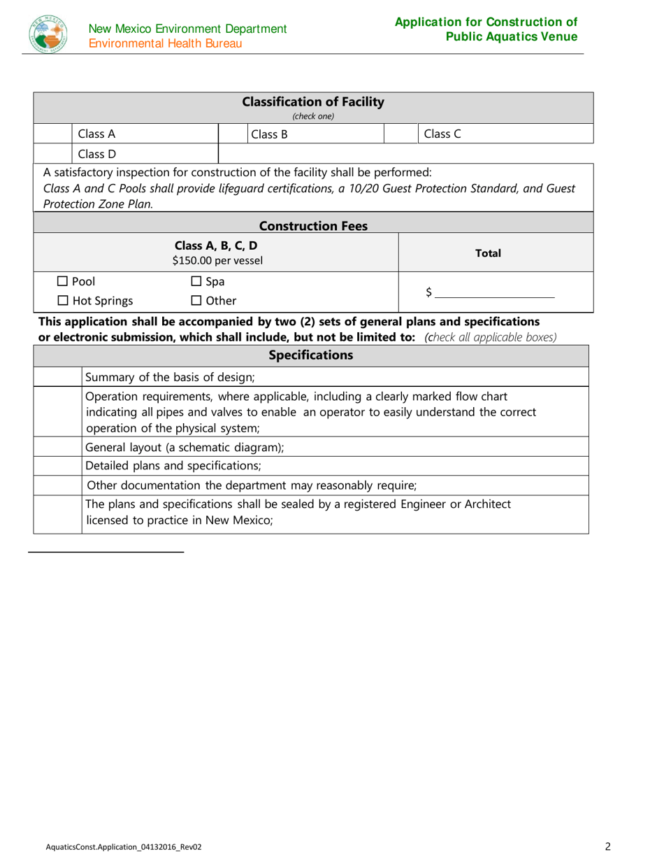 Application for Construction of Public Aquatics Venue - New Mexico, Page 2
