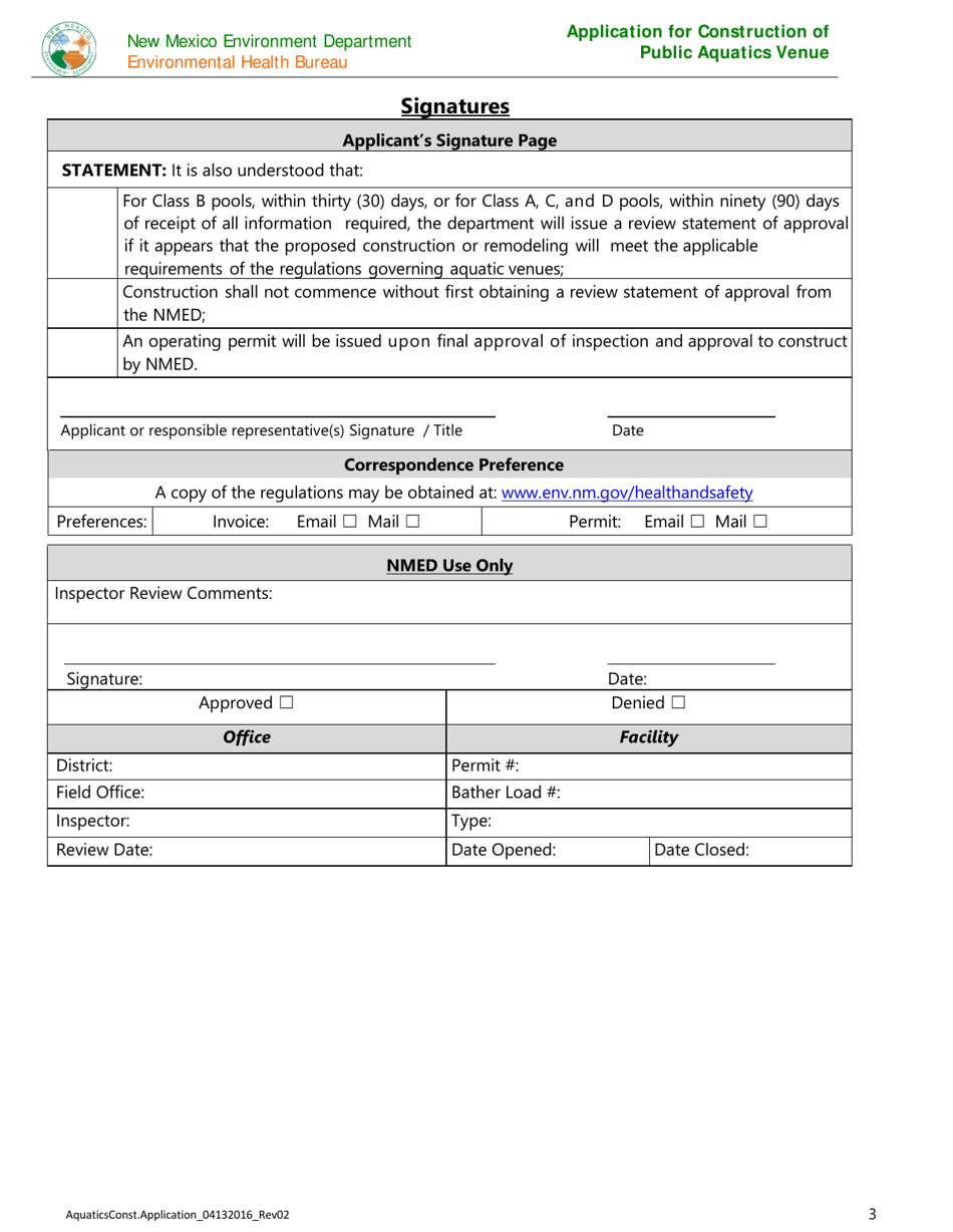 Application for Construction of Public Aquatics Venue - New Mexico, Page 3
