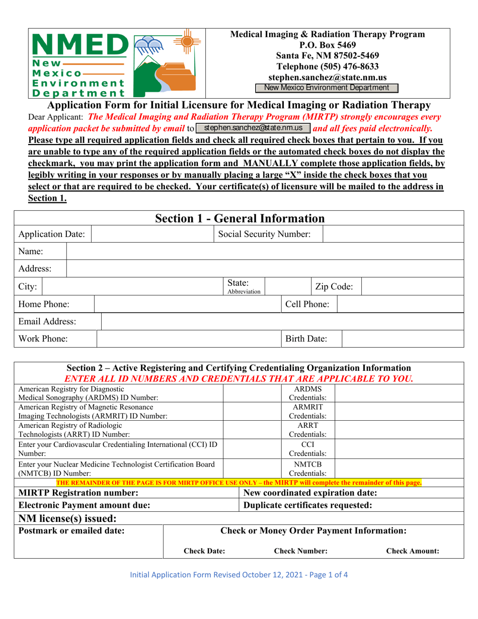 Application Form for Initial Licensure for Medical Imaging or Radiation Therapy - New Mexico, Page 1