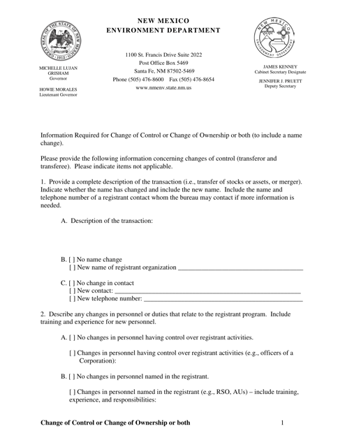 Form Required for Change of Control or Change of Ownership or Both (Including Name Change) - New Mexico Download Pdf