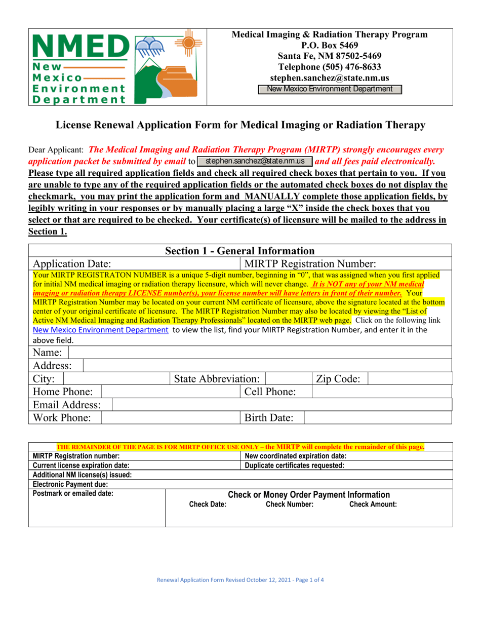 License Renewal Application Form for Medical Imaging or Radiation Therapy - New Mexico, Page 1